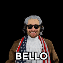 a man wearing sunglasses and a scarf with the word bello written on it
