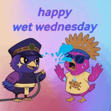 a happy wet wednesday poster with two birds