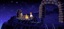 a pixel art of two men sitting around a campfire