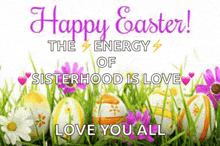 a happy easter greeting card with easter eggs and flowers