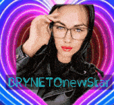 a woman wearing glasses and a leather jacket is surrounded by a heart with the name brynet on it
