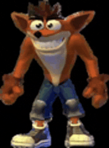 crash bandicoot is a cartoon character from the video game crash bandicoot standing in front of a black background .