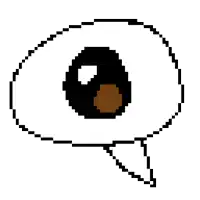 a pixel art drawing of an eye with a brown pupil and a speech bubble .