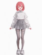 a girl with red hair wearing a white shirt and a grey skirt