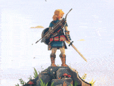 a cartoon character with a sword and bow stands on a rock