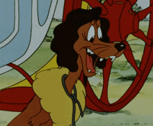 a cartoon dog is tied to a wagon wheel with its mouth open