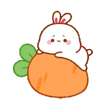 a cartoon rabbit is laying on top of a carrot with leaves .