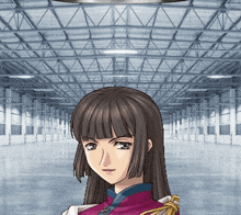 a woman in a purple jacket is standing in a large empty warehouse