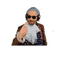 a man wearing a wig and sunglasses is wearing headphones