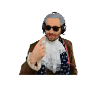 a man wearing a wig and sunglasses is wearing headphones