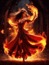 a woman in a red dress is surrounded by flames and is dancing .
