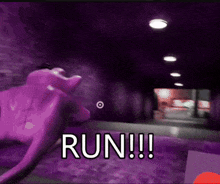 a purple cat is running in a tunnel with the words run written in white