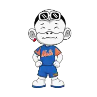 a cartoon character wears a mets shirt and shorts