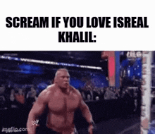 a muscular man is screaming in a wrestling ring while a crowd watches .