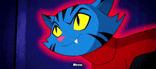 a blue cat with yellow eyes and a red scarf is saying meow