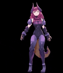 a girl with horns and purple armor is standing on a dragon