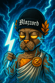 an illustration of a cat with a beanie that says blazzord
