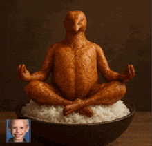a picture of a boy next to a bowl of rice with a statue of a chicken in a lotus position