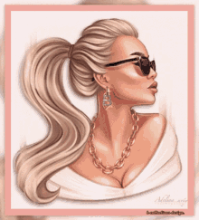 a drawing of a woman wearing sunglasses and a gold chain