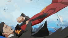 a man in a suit is being thrown by a superhero