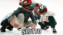 a group of people are squatting down with balls on their heads and the word lotto on the bottom