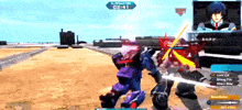 a video game screen shows a purple robot fighting a red robot