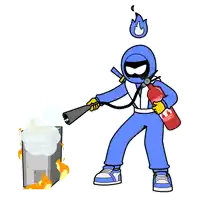 a man in a blue suit is holding a fire extinguisher