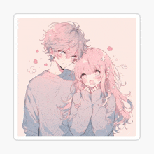 a boy and a girl with pink hair are standing next to each other on a pink background