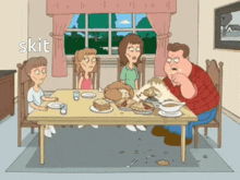 a cartoon of a family sitting around a table with the word skit on the bottom right