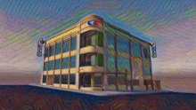 a painting of a building with a sign that says ' aol ' on it