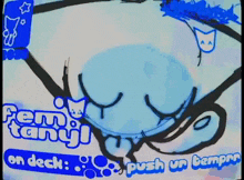 a cartoon drawing of a cat with the words fem tanji on deck push un bemper