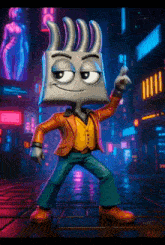 a cartoon character is dancing in front of a neon sign that says fc