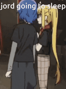 a cartoon of two girls standing next to each other with the words jord going to sleep below them