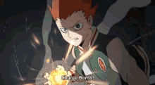 a cartoon of a boy holding a bomb with the words charge bomb below him