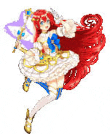 a pixel art illustration of a girl with red hair holding a star and a wand .
