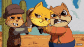 a cartoon of a cat being held by two men with $sugr in the corner