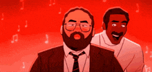 a man with glasses and a beard is standing next to another man with a mustache
