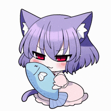 a girl with purple hair and red eyes is holding a dead fish
