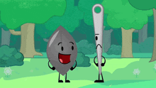 a cartoon drawing of a leaf and a needle standing next to each other