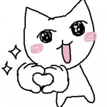 a black and white drawing of a cat making a heart shape with its hands .