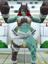 a cartoon character with green skin and red hair is standing in front of a white wall