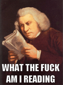 a painting of a man reading a book with the words what the fuck am i reading below him