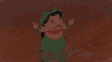 a cartoon character is standing on a wooden floor with his head in his hands .