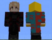 two minecraft characters are standing next to each other with one wearing a red and blue outfit with the word kfc on it