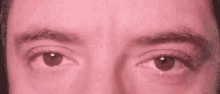 a close up of a man 's eyes with a pink background and a beard .
