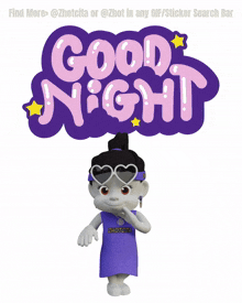 a cartoon character wearing heart shaped sunglasses stands under a sign that says " good night "