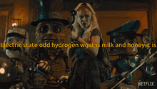 a netflix ad shows a group of robots and the words electric state odd hydrogen wgat is milk and honey it is
