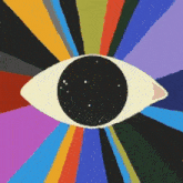 a colorful painting of an eye with a black circle in the middle surrounded by rainbow colored stripes .