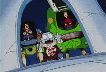 a group of cartoon characters are standing in a doorway with a green vehicle with the number 1 on it