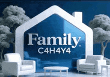 a living room with two chairs and a table with a family c4h4y4 logo .